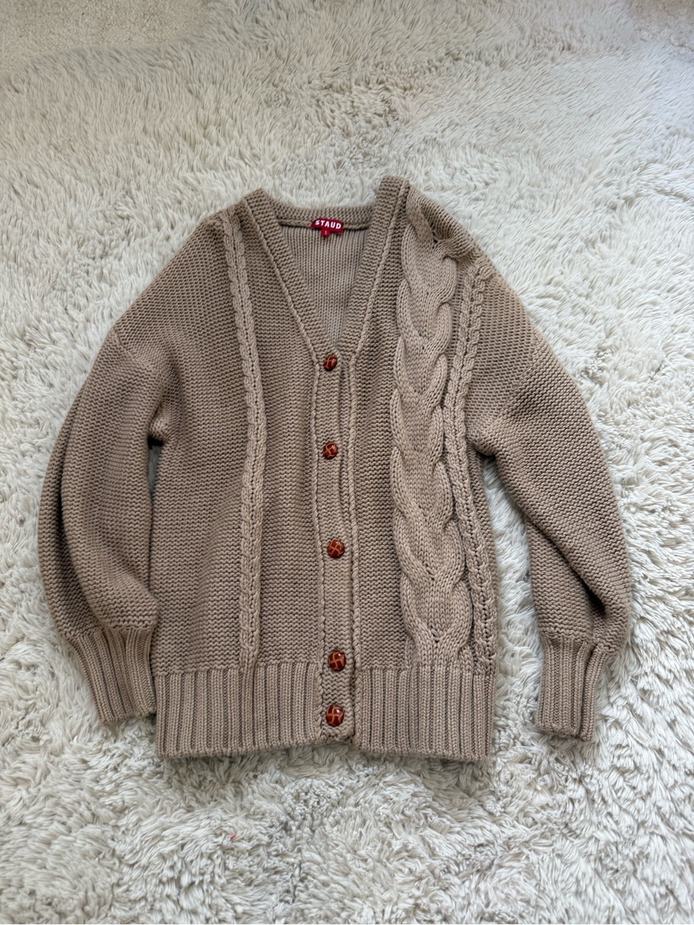 STAUD Taupe-Brown Cable Knit Button Cardigan